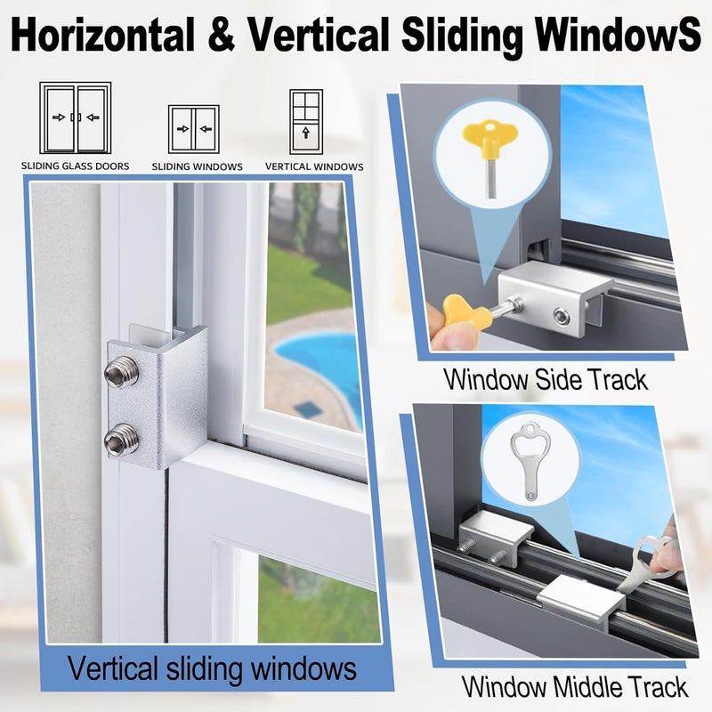 CRODOER Sliding Window Locks,for Horizontal Sliding Windows,Window Security Lock with Key,Adjustable Aluminum Easv to Install Window Stopper,Window Locks for Up and Down Windows (10 Sets Silver) - Image 3